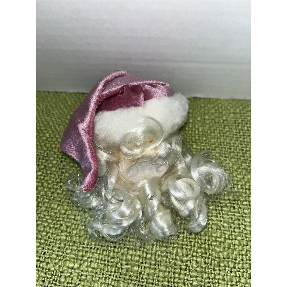 vtg Santa Face Head sitting‎ ornament Long White Beard & Pink Velvet Hat Glasses